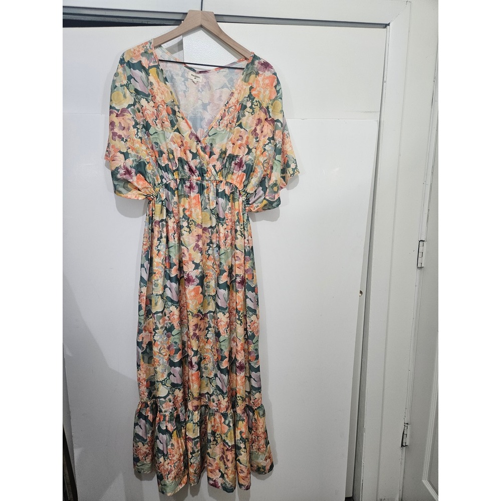 World Market L XL Floral Maxi Dress Flutter Sleeve Tiered Boho Cottagecore